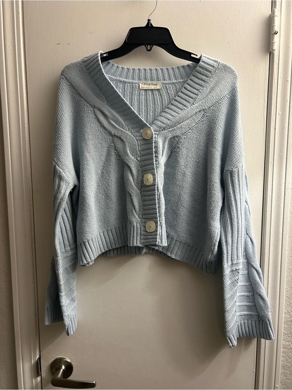 Light Blue V-Neck Cropped Cable Knit Cardigan Sweater